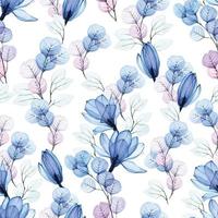 modèle harmonieux d'aquarelle avec des fleurs bleues transparentes sur fond blanc. fleurs de magnolia, feuilles d'eucalyptus radiographie. fond vintage avec des couleurs pastel bleu, rose, violet vecteur