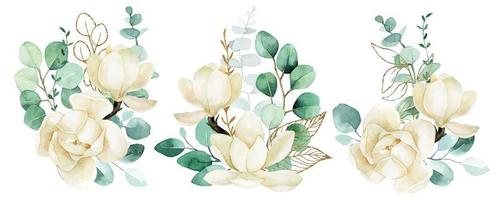 dessin à l'aquarelle. ensemble de bouquets avec des fleurs de magnolia blanc et des feuilles d'eucalyptus et des feuilles et des éclaboussures d'or vecteur