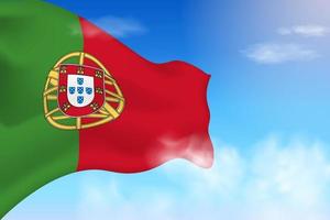 drapeau portugais dans les nuages. drapeau de vecteur agitant dans le ciel. illustration de drapeau réaliste de la fête nationale. vecteur de ciel bleu.