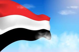 drapeau yémen dans les nuages. drapeau de vecteur agitant dans le ciel. illustration de drapeau réaliste de la fête nationale. vecteur de ciel bleu.