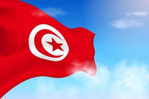 drapeau tunisien dans les nuages. drapeau de vecteur agitant dans le ciel. illustration de drapeau réaliste de la fête nationale. vecteur de ciel bleu.