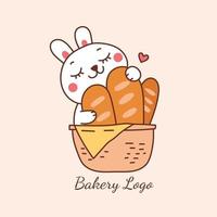 lapin mignon tenant un pain pour le logo de la boulangerie. vecteur