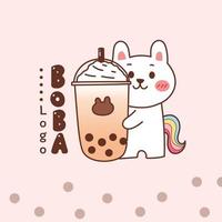 mignon lapin licorne tenant du thé au lait boba. logo de dessin animé. vecteur