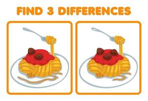 jeu éducatif pour les enfants trouver trois différences entre deux images de dessin animé de spaghettis alimentaires vecteur