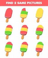 jeu éducatif pour les enfants trouver deux mêmes images nourriture collation popsicle vecteur