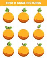jeu éducatif pour les enfants trouver deux mêmes images fruit orange vecteur