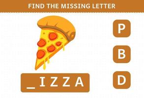 jeu éducatif pour les enfants trouver une lettre manquante dessin animé nourriture pizza feuille de calcul vecteur