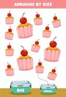 jeu éducatif pour les enfants organiser par taille grande ou petite mettez-le dans la boîte petit gâteau de collation de nourriture de dessin animé avec des images de garniture de cerise vecteur