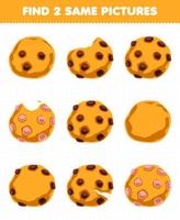 jeu éducatif pour les enfants trouver deux mêmes images nourriture snack cookie vecteur