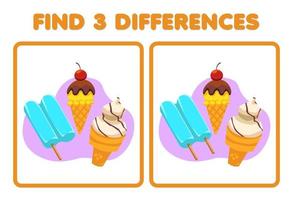 jeu éducatif pour les enfants trouver trois différences entre deux images de dessin animé de crème glacée alimentaire et popsicle vecteur