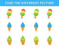 jeu éducatif pour les enfants trouver l'image différente dans chaque rangée aliments crème glacée popsicle vecteur