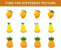 jeu éducatif pour les enfants trouver l'image différente dans chaque rangée fruits mangue poire ananas vecteur