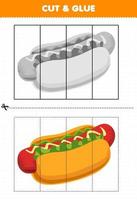 jeu éducatif pour les enfants coupé et collé avec un hot-dog de nourriture de dessin animé vecteur