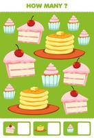 jeu éducatif pour les enfants recherche et comptage activité pour préscolaire combien dessin animé nourriture collation gâteau cupcake crêpe vecteur