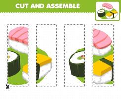 jeu éducatif pour les enfants, pratique de coupe et assemblage de puzzle avec des sushis de cuisine japonaise de dessin animé vecteur