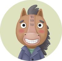 une jolie icône ronde avec un cheval de dessin animé qui sourit largement vecteur