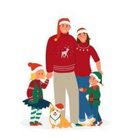 famille heureuse en tenues de noël avec un joli chien corgi. parents avec illustration vectorielle enfants. isolé sur blanc. vecteur