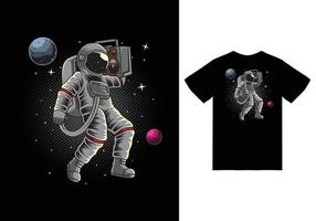 astronaute tenant la radio sur l'illustration de l'espace avec un vecteur premium de conception de tshirt