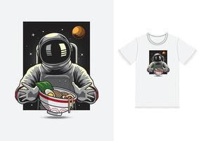 astronaute mangeant une illustration de ramen avec un vecteur premium de conception de tshirt