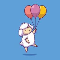 mouton mignon flottant avec illustration de dessin animé de ballon vecteur