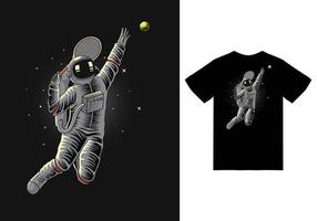 astronaute jouer au tennis dans l'espace illustration avec tshirt design vecteur premium