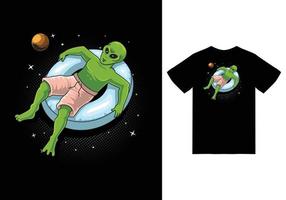 extraterrestre flottant sur l'illustration de ballon beignet spatial avec vecteur premium de conception de tshirt