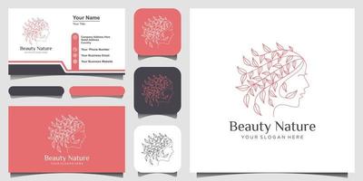 le visage d'une belle femme combine une feuille avec un logo de style art en ligne et un design de carte de visite. concept de design abstrait pour salon de beauté, mode, massage, magazine, cosmétique et spa. vecteur