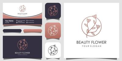rose florale avec logo de style art en ligne et conception de carte de visite. logo pour la beauté, les cosmétiques, le yoga et le spa vecteur