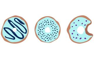ensemble de trois beignets avec icône de beignet de glaçage bleu, illustration vectorielle. vecteur