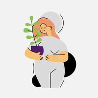 illustration vectorielle d'une femme qui s'occupe d'une plante d'intérieur vecteur