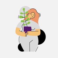 illustration vectorielle d'une femme qui s'occupe d'une plante d'intérieur vecteur