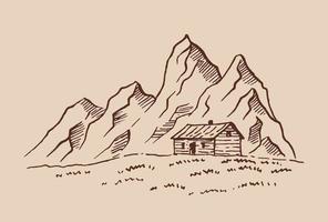 montagne avec des pins et paysage de maison de campagne noir sur fond blanc. pics rocheux dessinés à la main dans le style de croquis. illustration vectorielle. vecteur