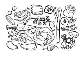collection de dessins de doodle de légumes. légume comme la carotte, le maïs, le gingembre, le concombre, le chou, la pomme de terre, etc. illustrations vectorielles dessinées à la main en noir isolées sur fond blanc.