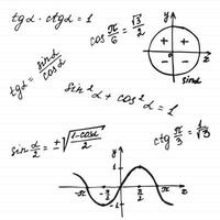 fond de mathématiques scolaires sous la forme d'un cahier dans une boîte avec des graphiques et des formules pour le doodle de trigonométrie vecteur