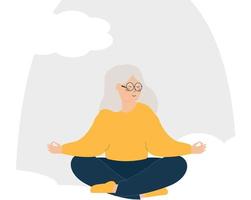 femme âgée se relaxant dans la posture de yoga du lotus. femme âgée méditant à côté de la fenêtre pour maintenir son équilibre et son harmonie avec la nature. bien-être de la santé mentale du concept des grands-parents. vecteur. vecteur