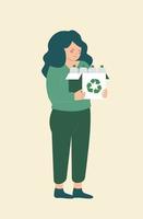 une jeune femme collecte des bouteilles en plastique pour les recycler. écologie verte, protection de l'environnement et concept de jour de la terre. illustration vectorielle. vecteur