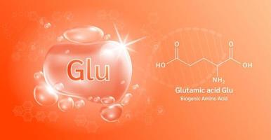 goutte d'eau important acide aminé acide glutamique glu et formule chimique structurelle. acide glutamique sur fond orange. notions médicales et scientifiques. illustration vectorielle 3D.
