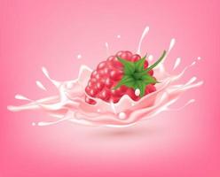 lait rose sucré à la framboise avec baies et éclaboussures réalistes, fruits et yaourt. illustration vectorielle 3d.
