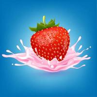 lait rose sucré aux fraises avec baies et éclaboussures réalistes, fruits et yaourt. illustration vectorielle 3d. vecteur