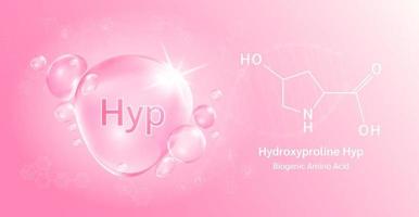 goutte d'eau acide aminé important hydroxyproline hyp et formule chimique structurelle. hydroxyproline sur fond rose. notions médicales et scientifiques. illustration vectorielle 3D.