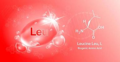goutte d'eau acide aminé important leucine leu, l et formule chimique structurale. lysine sur fond rouge. notions médicales et scientifiques. illustration vectorielle 3D. vecteur