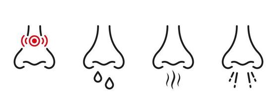 pictogramme de contour du virus malade du nez qui coule allergique. symbole plat de maladie respiratoire médicale nasale. signe de maladie de la douleur au nez. ensemble d'icônes de ligne noire d'infection d'éternuement nasal. illustration vectorielle isolée. vecteur