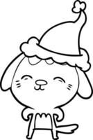 heureux dessin au trait d'un chien portant un bonnet de noel vecteur