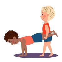 gymnastique sportive pour enfants. un garçon tient les jambes d'un autre garçon. exercices en binôme pour les mains. vecteur