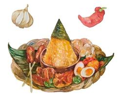 nasi tumpeng cuisine indonésienne aquarelle peinte à la main vecteur