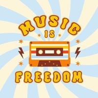 la musique est une affiche rétro de liberté avec une cassette audio sur un fond à rayures radiales en spirale ou tourbillonnantes. typographie impression de slogan groovy dans les années 70, 80