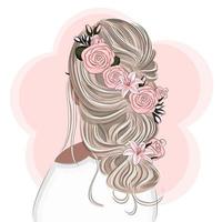 blonde avec une belle coiffure avec des fleurs, mode, illustration vectorielle vecteur