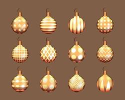 ensemble de 12 boules de noël dorées avec différents ornements. conception graphique. vecteur