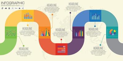 modèle d'infographie de diagramme de processus de chronologie horizontale d'entreprise moderne. bannière vectorielle utilisée pour la présentation et le schéma de mise en page du flux de travail, la conception Web. éléments abstraits des options du graphique 7 étapes. vecteur