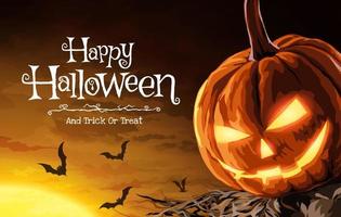 illustration vectorielle d'épouvantail de citrouille d'halloween et de chauves-souris volant avec la lune par une nuit effrayante vecteur